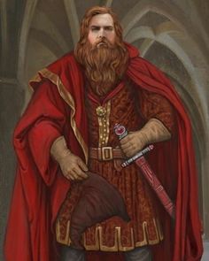 a painting of a man with a beard wearing a red cape and holding two swords