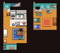 an overhead view of a living room, kitchen and dining area in the style of pixel art