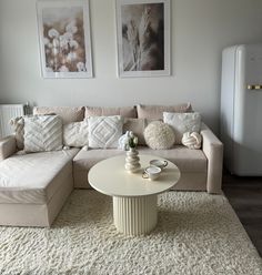 a living room filled with furniture and white rugs on top of a hard wood floor