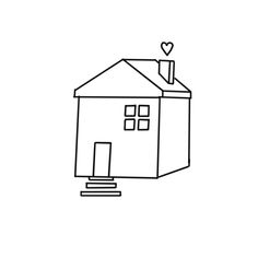 a black and white drawing of a house with a heart on the top of it