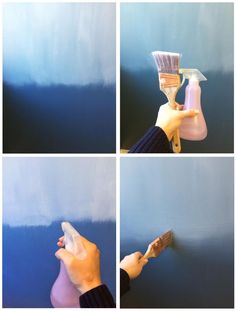 four pictures of someone painting the wall with blue and white paint, including a hand holding a brush