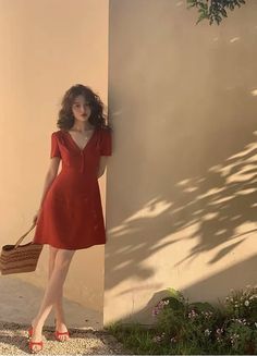 Modern Romance Outfit, Petite Romantic Style, V Neck Red Dress, Red Dress Outfit Casual, Red Dress Aesthetic, Red V Neck Dress, Red Formal Dresses, Vintage Red Dress, Red Dress Women