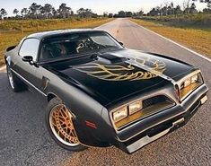 a black car with gold flames painted on it's hood parked in the road