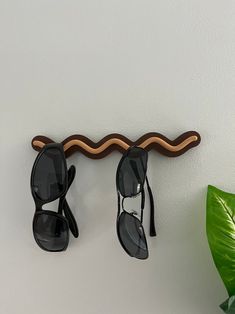 two pairs of sunglasses are hanging on a wall next to a potted green plant