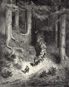 an old black and white drawing of people walking through the woods in front of trees