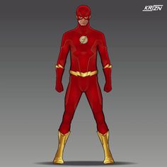 the flash standing in front of a gray background