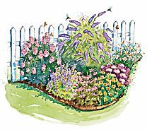 an illustration of a garden with flowers in the foreground and a fence in the background