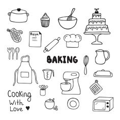 a black and white drawing of baking related items