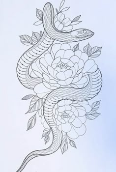 a drawing of a snake with flowers on it