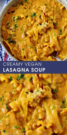 creamy vegan lasagna soup in a white bowl