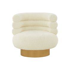 a white chair with gold legs and a round foot rest in front of a white background