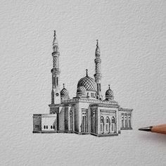 an ink drawing of a mosque