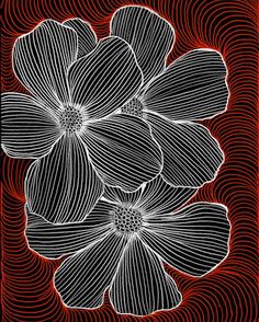 three white flowers on red and black background with wavy lines in the center, as well as an orange rectangle