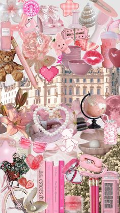 a collage of pink and white items in the shape of a cityscape