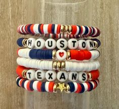 Show off your Houston Texans pride with these custom Heishi bead bracelets! 🏈✨ Each bracelet is handcrafted with team colors, featuring bold red, deep blue, and crisp white beads that capture the spirit of game day. At just $8 each, you can mix, match, and customize your stack to create a look that's uniquely yours. Perfect for fans of all ages, these bracelets are great for everyday wear or to add a pop of team spirit on game days.   Get ready to cheer on the Texans in style! Houston Texans, Heishi Beads, White Beads, Deep Blue, Team Colors, Houston, Jewelry Bracelets, Bracelet, Beaded Bracelets