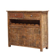 an old wooden cabinet with drawers on one side and two wine racks on the other