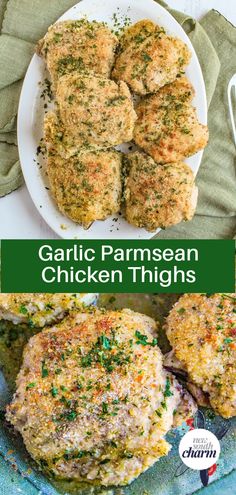 garlic parmesan chicken thighs on a white plate