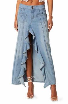 EDIKTED Sabina Sequin Low Rise Miniskirt | Nordstrom Blue Jean Dresses, Long Jean Skirts, Denim Skirt Ideas, Ideas For Jeans, Cowboy Outfits For Women, Refashioning Clothes, Upcycle Denim, Old Ties, Japan Outfits