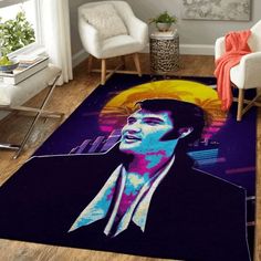 a living room area rug with a painting of a man on it