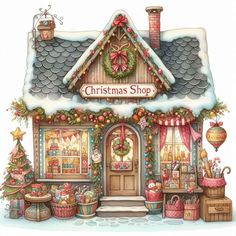 a drawing of a christmas shop with decorations