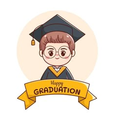 a boy in graduation cap and gown holding a yellow ribbon with the words happy graduation on it