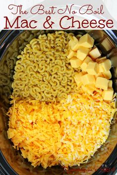 macaroni and cheese in a slow cooker with text overlay