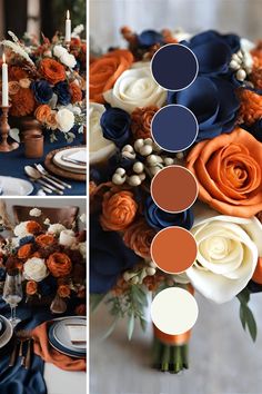 the table is set with blue, orange and white flowers