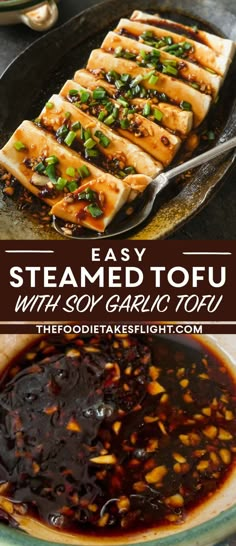 steamed tofu with soy garlic sauce in a skillet and text overlay reading easy steamed tofu with soy garlic