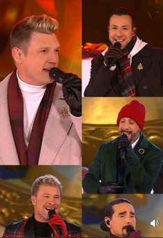 the four men are singing into microphones and wearing scarves on their heads as they sing