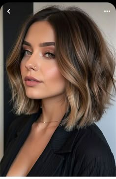 #trendy hairstyle #hair types #winter hairstyles #winter hair #hair tutorial #seasonal hair inspo #braided hair tutorial #fall hair colors #hair do #fall hairstyles #bangs with long hair #messy bun tutorial #curly hairstyles #fall hair #low lights for blonde hair #hairstyle for every hair type #newest trends #festive hairstyle #hoco hairstyles #carmel highlights on brown hair #hear me out #christmas wallpaper #lyrics #mincraft idea houses #layered look inspo #winter hair #christmas hair Bob Hair Highlights Brown, Balayage Hair Brunette Bob, Long Bob Caramel Balayage, Fall Hair Short Brunette, Trendy Chin Length Haircuts, Brown Bob With Balayage, Baliage Short Hair 2024, Bronde Haircolor Brunettes Short Hair, Bayalage Brunette Caramel Honey Short