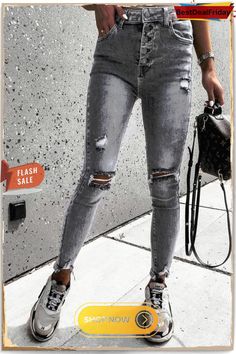 Grey Ripped High Waist Skinny Jeans Ripped Pants, Jeans Casual, Trouser Style, Jeans Outfit, Denim Trousers, Inspiration Mode, Straight Pants, High Waisted Denim, Long Pants