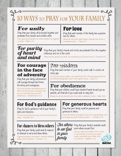 a poster with the words 10 ways to pray for your family on it's back