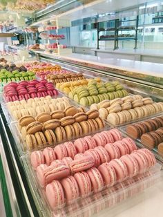 a display case filled with lots of different types of macaroons and other pastries