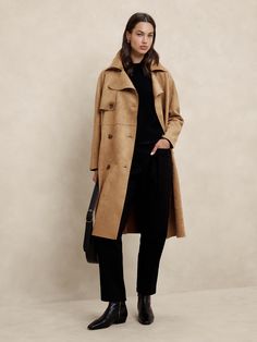 Vegan Suede Trench Coat | Banana Republic Factory Trench Coat Street Style, Wardrobe Essentials For Women, Suede Outfit, Suede Trench Coat, Brown Trench Coat, Winter Wardrobe Essentials, Trench Coat Outfit, Plain Outfits, Copenhagen Fashion Week