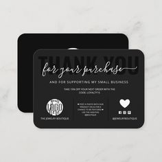 two black and white business cards with the words thank you for supporting my small business