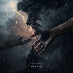 two hands reaching out to each other in front of a dark sky with lightning and clouds