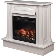 a white electric fireplace with an open flame