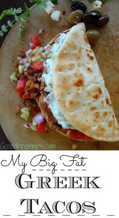 Big Fat Greek Tacos will please every appetite, ground meat seasoned perfectly and served with tomato and cucumber relish with mint tzatziki. #recipes #tacos #food #greekfood Holiday Meats, Greek Tacos, Mediterranean Recipes Healthy, Mediterranean Diet Recipes Dinners, Easy Mediterranean Diet, Greek Foods, Mediterranean Meals, Easy Mediterranean Diet Recipes, Greek Cooking