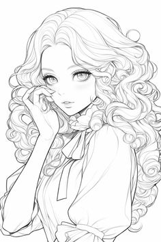 a drawing of a girl with curly hair wearing a blouse and holding her hand to her face