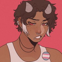 an anime character with horns and piercings on his head, wearing a tank top