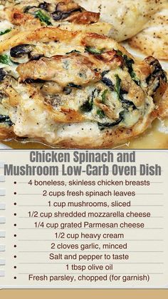 This low-carb chicken bake is loaded with spinach, mushrooms, and a creamy cheese sauce for a deliciously healthy meal. Perfect for a cozy, guilt-free dinner!  Preheat the oven to 375°F (190°C) and grease a baking dish. Season chicken breasts with salt and pepper. In a skillet, heat olive oil over medium heat, then add garlic and mushrooms. Sauté until mushrooms are tender. Add spinach and cook until wilted. Place chicken breasts in the baking dish and top with the mushroom and spinach mixture. Pour heavy cream over the top, then sprinkle with mozzarella and Parmesan. Bake for 25-30 minutes, Best Chicken Dishes, Chicken Recipes Easy Quick, Creamy Cheese Sauce, Season Chicken, Ways To Cook Chicken, Mozzarella Chicken, Chicken Bake, Chicken Breast Seasoning, Spinach Stuffed Mushrooms