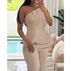 Women One Shoulder Ruched Top & Straight Leg Pants Set Causal Elegant Solid Color Two Pieces Office Casual Party Dresses, Off Shoulder Fashion, High Waist Dress, Ruched Top, Women Outfit, Round Neck Tops, One Shoulder Tops, Fall Outfits Women, Summer Outfits Women