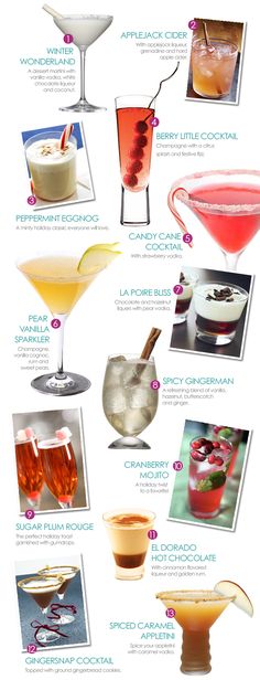 the different types of cocktails are shown in this poster, which includes an image of various