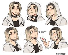 some sketches of a guy with blonde hair and wearing a hoodie holding a cell phone