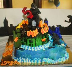 there is a cake that looks like a castle on fire