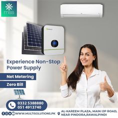 a woman pointing at an air conditioner with the words experience non stop power supply