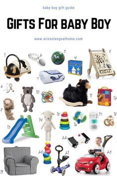 a baby gift guide for boys with toys and gifts in the shape of an animal