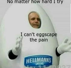 a giant egg with an image of a man in it and the caption says, no matter how hard i try