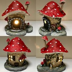 four different views of a mushroom - like house with lights in its roof and windows