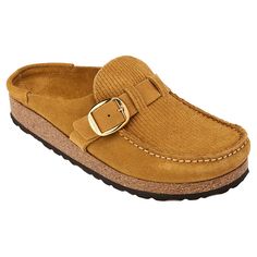 Birkenstock Buckley Suede Corduroy Clog Moccasin construction defines this cool-looking suede corduroy clog, which is built on Birkenstock's classic, contoured cork footbed for legendary comfort and support. Birkenstock Buckley, All I Want For Christmas, Slides Shoes, Womens Clogs, Leather Items, Moccasins, Comfortable Shoes, Suede Leather, Birkenstock